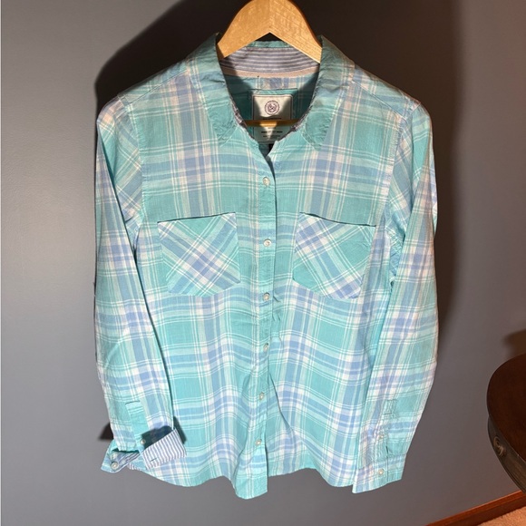 Ladies Large SO Brand Aqua and Blue Plaid Blouse - Picture 1 of 10